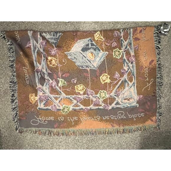 Birdhouse tapestry blanket, woven, fringe throw, garden trellis X Large 52" 68" - Picture 2 of 7